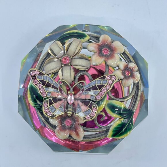 crystal faceted trinket box with floral & butterfly enamel decoration on lid - Picture 1 of 4
